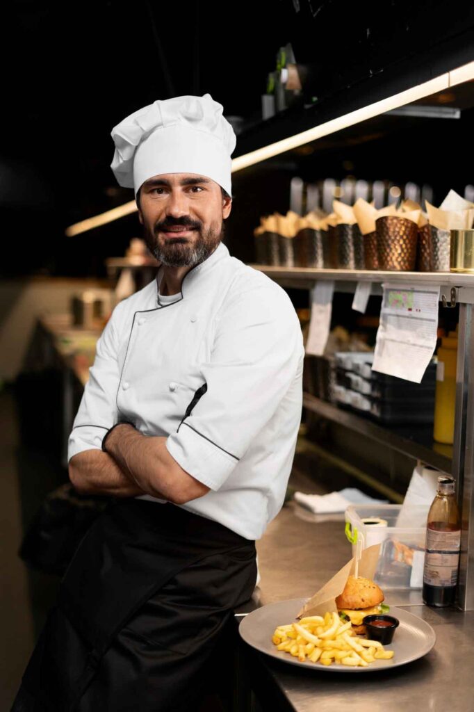 Ein Chef steht neben einem Steakhouse-Teller